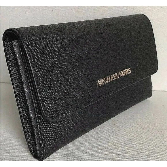 New Michael Kors Jet Set Travel Large Trifold Wallet Leather Black with Silver - Picture 2 of 6